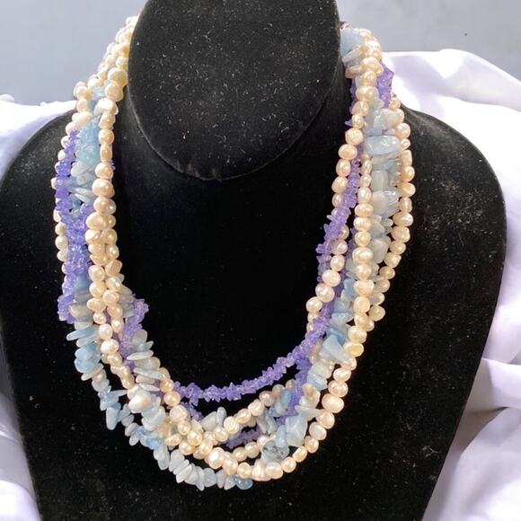 Tanzanite and Baroque Pearl Stunning Seven Multi-Strand Handmade Beaded Necklace